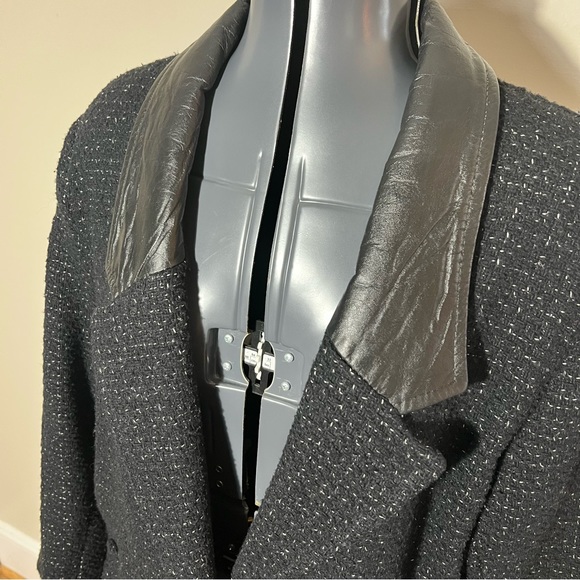 Vintage Otello Pelle Black & White Tweed Trench Coat with Leather Collar Size XL - Picture 2 of 11